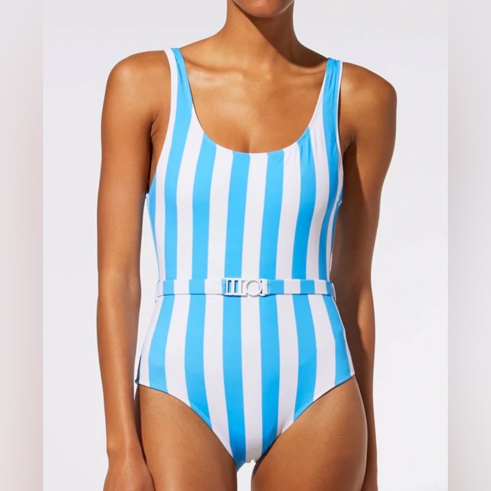 Solid & Striped Annamarie Belt 1-inch stripe bathing suit peacock blue NWT